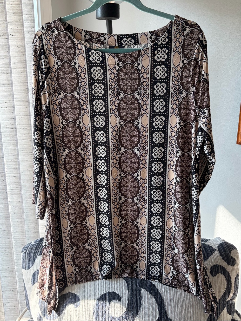 JM Collection Beige and Brown Printed Long-Sleeve Tunic Top XL